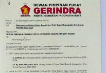 Surat Rekomendasi dari Partai Gerindra Untuk Pasangan Bakal Calon Bupati dan Wakil Bupati Way Kanan Arjuna