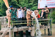 Bupati Tulang Bawang Dr Hj Winarti SE MH Tebar Benih Ikan Nila Nirwana